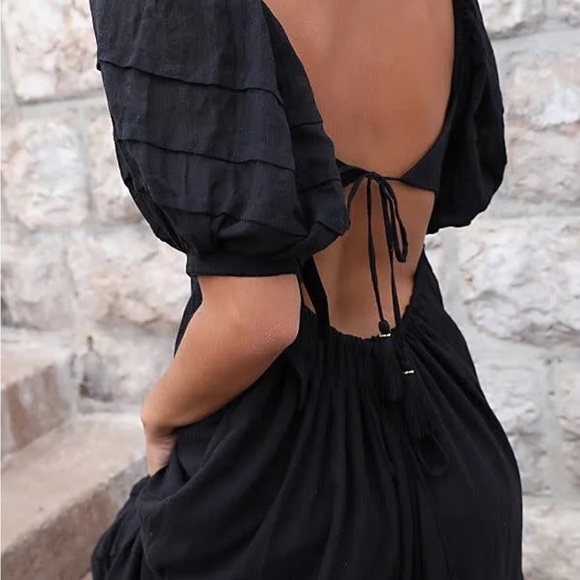 FREE PEOPLE Black Lets Be Friends Drawstring Waist Puff Sleeve Midi Dress L - Picture 2 of 8